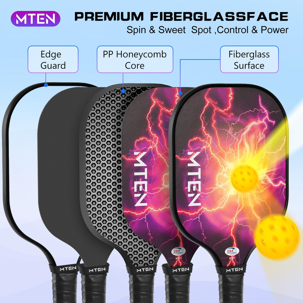 MTEN Pickleball Paddles Set of 2/4/1, USAPA Approved Fiberglass Rackets
