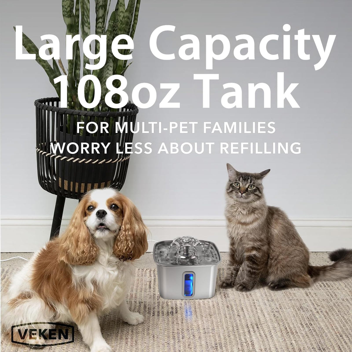 Veken Innovation Award Winner Stainless Steel Cat Water Fountain, 108oz, C1