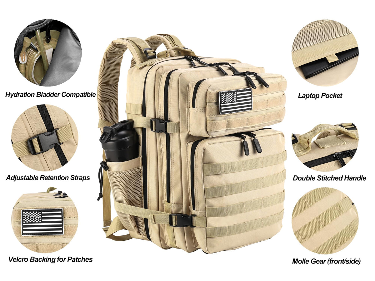 LHI Military Tactical Backpack for Men and Women 45L Army 3 Days Assault Pack Bag Large Rucksack with Molle System Khaki