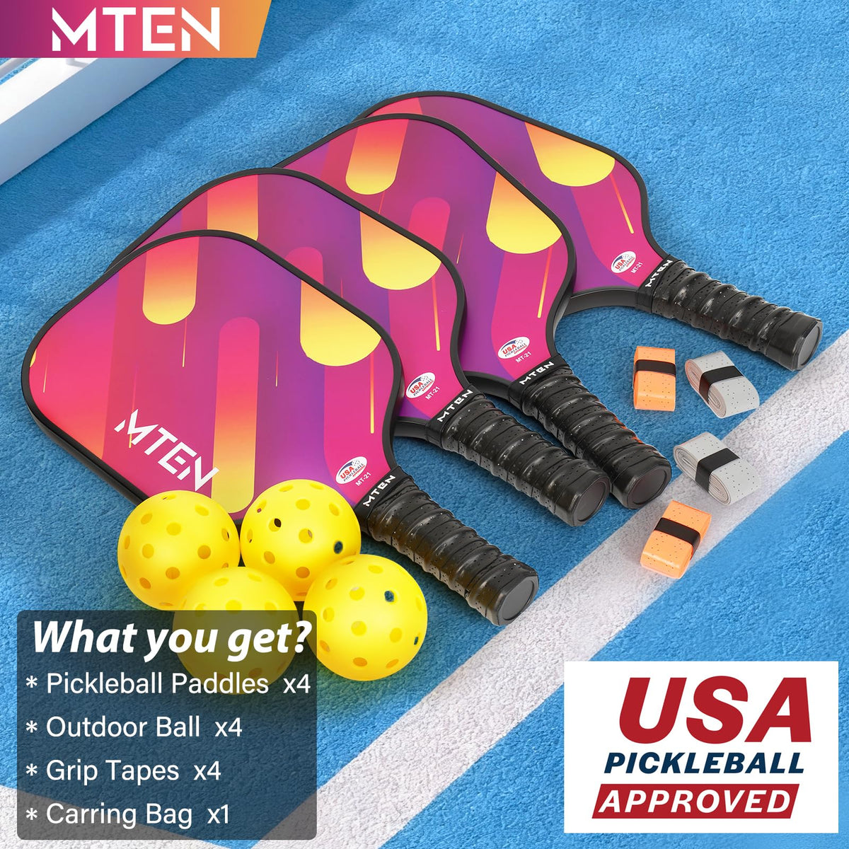 MTEN Pickleball Paddles Set of 2/4/1, USAPA Approved Fiberglass Rackets