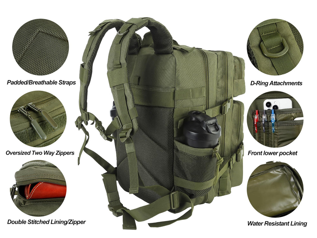 LHI Military Tactical Backpack for Men and Women 45L Army 3 Days Assault Pack Bag Large Rucksack with Molle System Khaki
