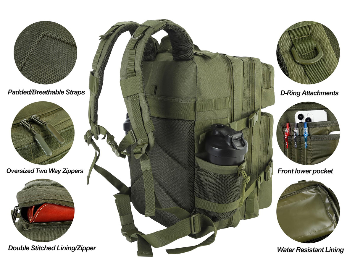 LHI Military Tactical Backpack for Men and Women 45L Army 3 Days Assault Pack Bag Large Rucksack with Molle System Khaki