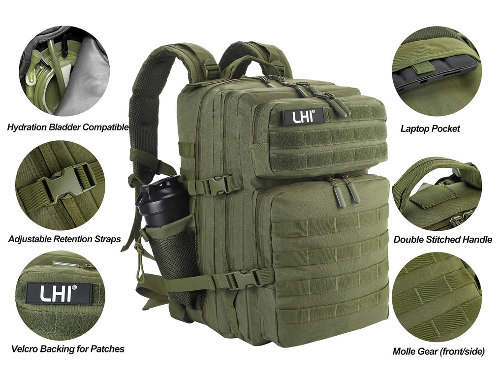 LHI Military Tactical Backpack for Men and Women 45L Army 3 Days Assault Pack Bag Large Rucksack with Molle System Khaki