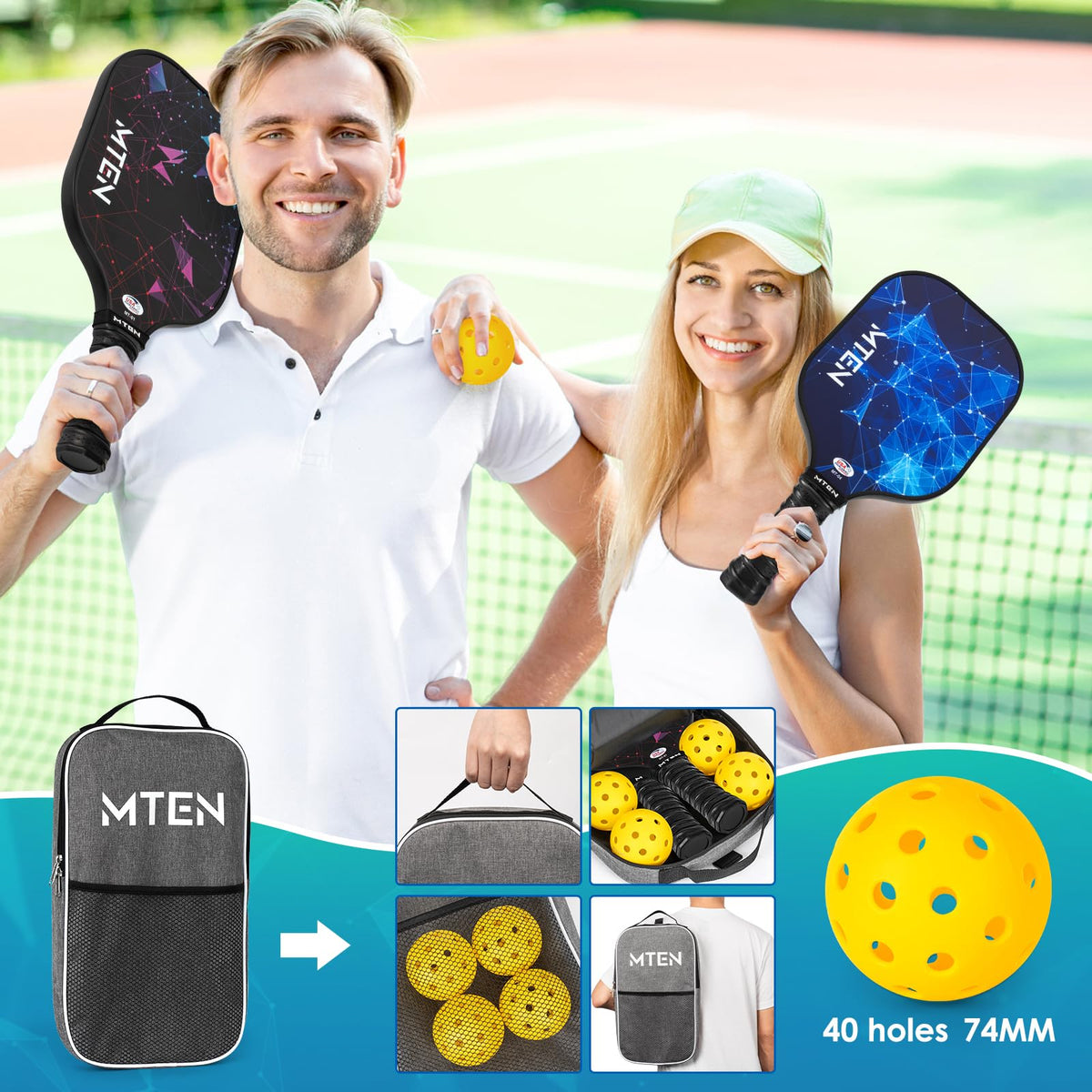 MTEN Pickleball Paddles Set of 2/4/1, USAPA Approved Fiberglass Rackets