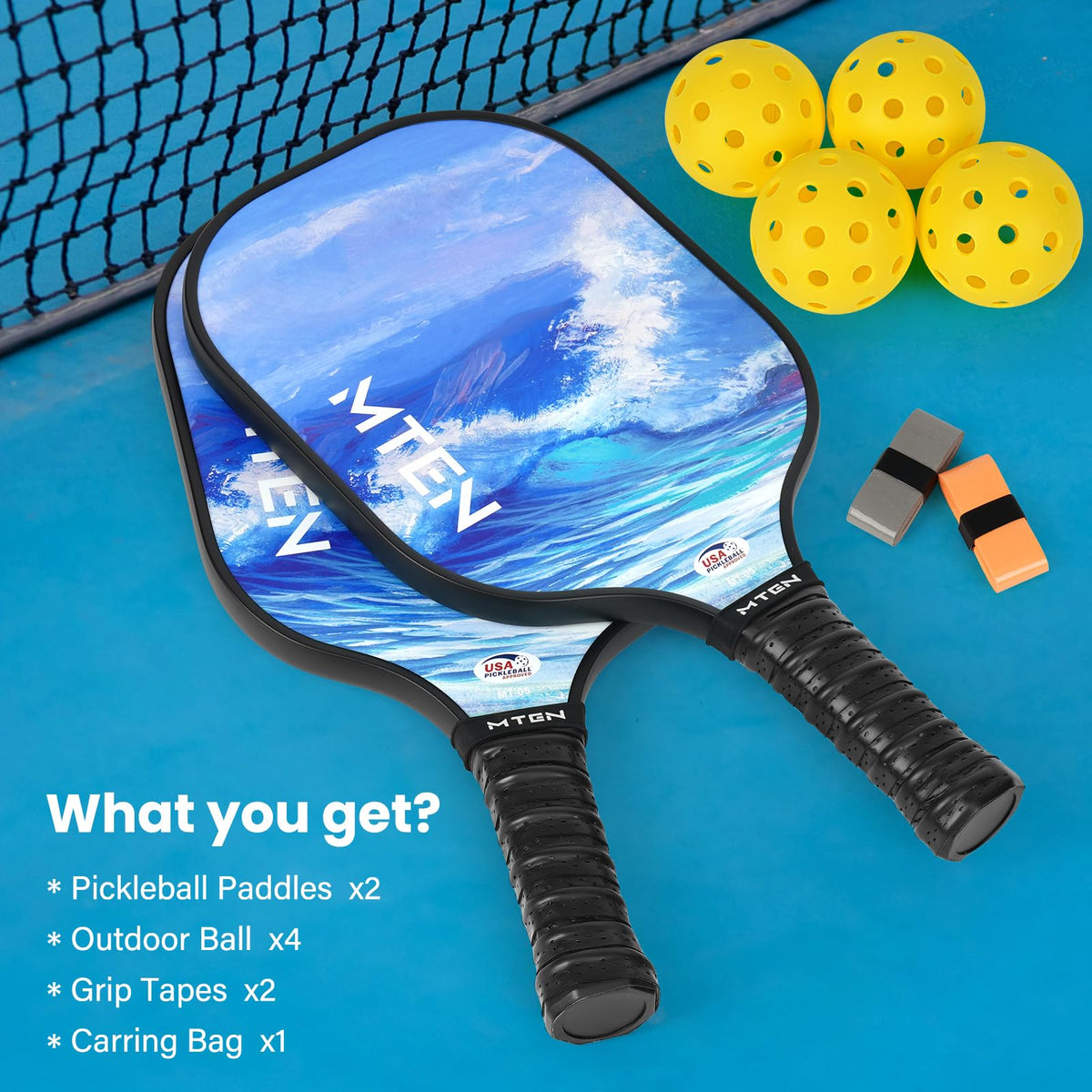 MTEN Pickleball Paddles Set of 2/4/1, USAPA Approved Fiberglass Rackets