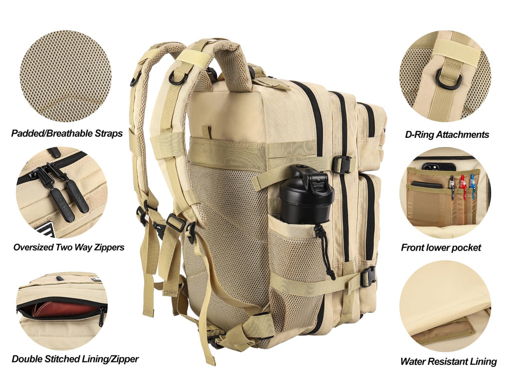 LHI Military Tactical Backpack for Men and Women 45L Army 3 Days Assault Pack Bag Large Rucksack with Molle System Khaki
