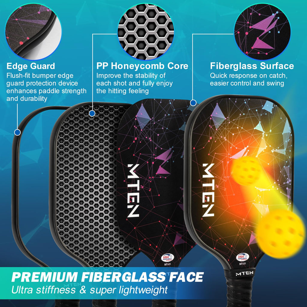 MTEN Pickleball Paddles Set of 2/4/1, USAPA Approved Fiberglass Rackets
