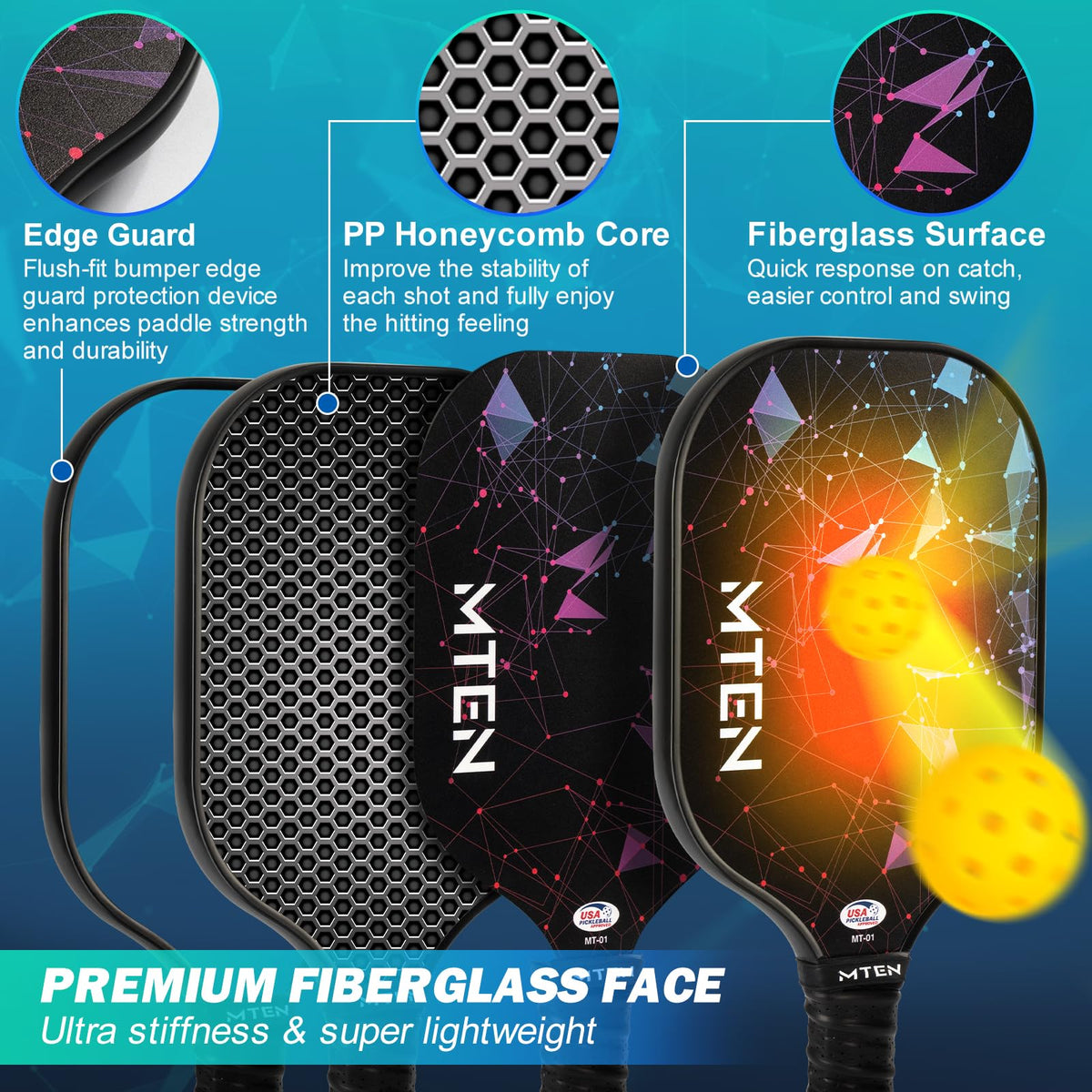 MTEN Pickleball Paddles Set of 2/4/1, USAPA Approved Fiberglass Rackets
