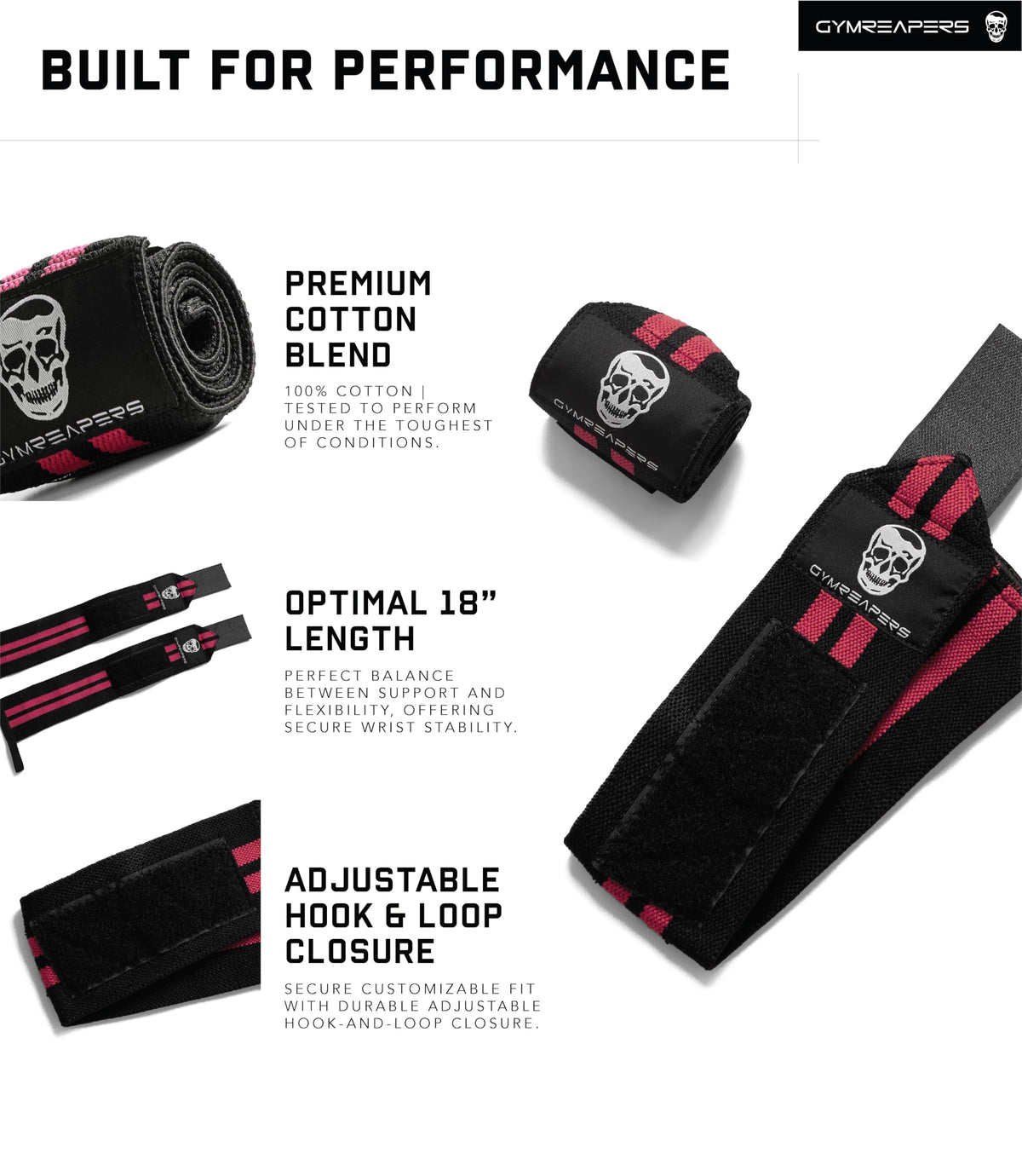 Gymreapers Weightlifting Wrist Wraps (IPF Approved) Professional Quality Wrist Support with Heavy Duty Thumb Loop - Best Wrap for Powerlifting Competition, Strength Training, Bodybuilding