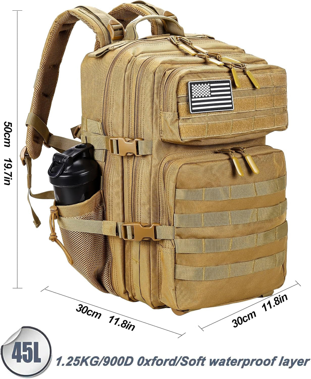 LHI Military Tactical Backpack for Men and Women 45L Army 3 Days Assault Pack Bag Large Rucksack with Molle System Khaki