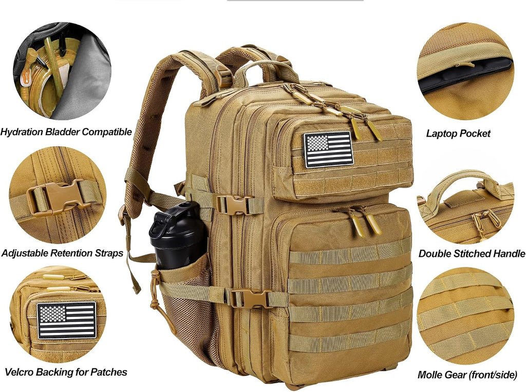 LHI Military Tactical Backpack for Men and Women 45L Army 3 Days Assault Pack Bag Large Rucksack with Molle System Khaki