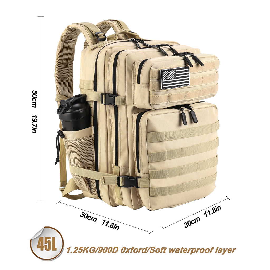 LHI Military Tactical Backpack for Men and Women 45L Army 3 Days Assault Pack Bag Large Rucksack with Molle System Khaki