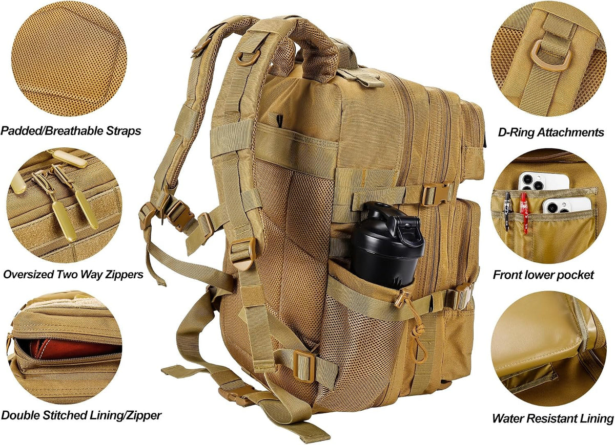 LHI Military Tactical Backpack for Men and Women 45L Army 3 Days Assault Pack Bag Large Rucksack with Molle System Khaki