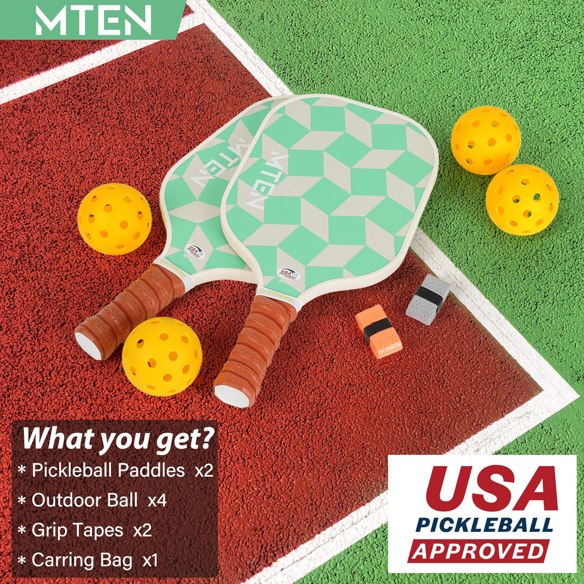 MTEN Pickleball Paddles Set of 2/4/1, USAPA Approved Fiberglass Rackets