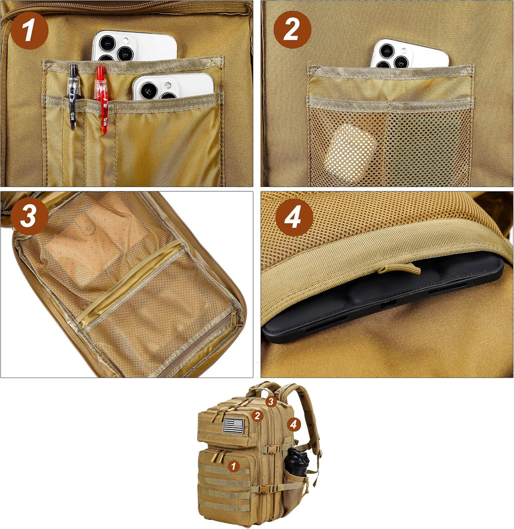 LHI Military Tactical Backpack for Men and Women 45L Army 3 Days Assault Pack Bag Large Rucksack with Molle System Khaki